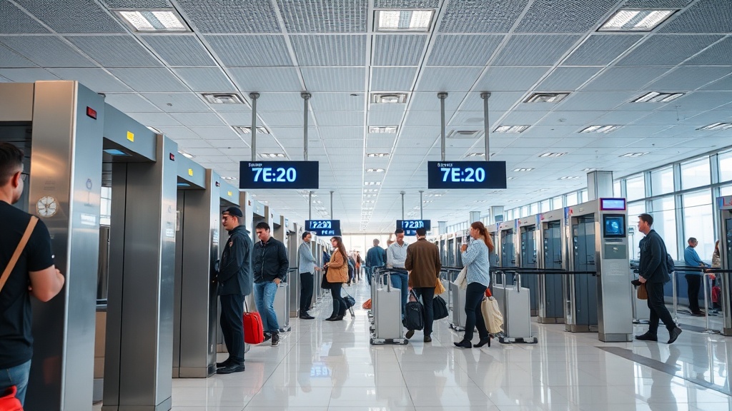 공항 보안 검색대의 일반적인 배치 구조를 보여주는 전경 이미지