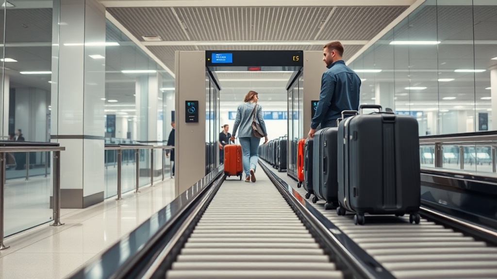 공항 보안 검색대에서 승객이 금속 탐지 게이트를 통과하는 일반적인 절차 장면