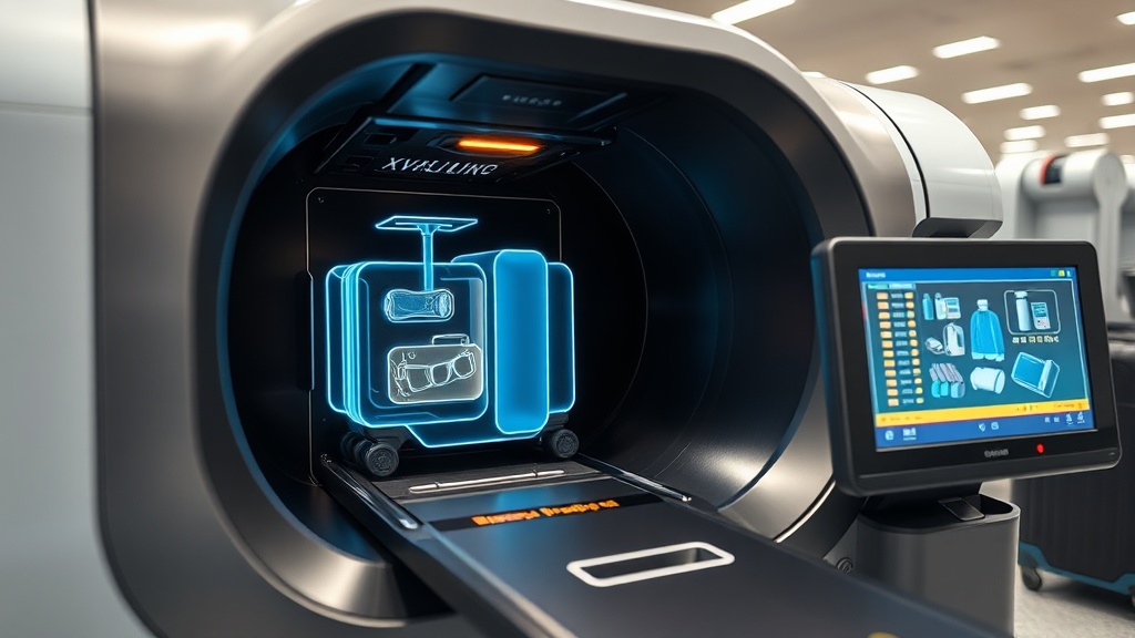 공항 보안 검색에 사용되는 X-ray 투시 장비의 구조와 작동 원리를 나타낸 이미지